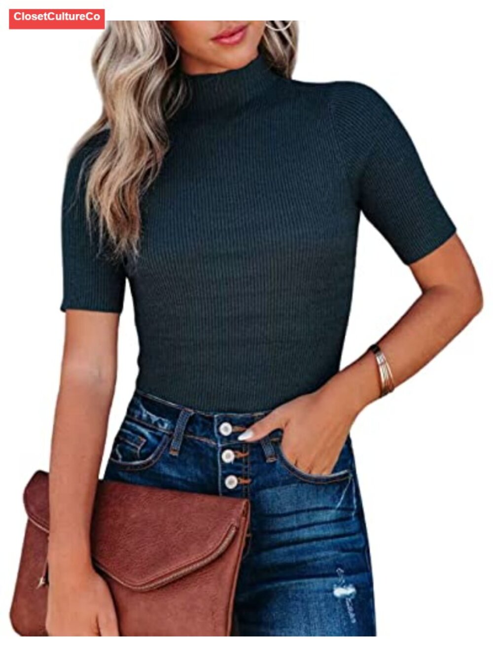 Mock Neck Short Sleeve Ribbed Knit Pullover Sweater Top